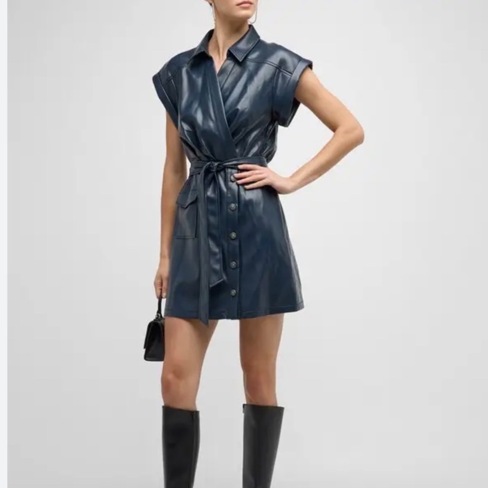 Cinq a Sept size 2  Tena Belted blue vegan leather dress